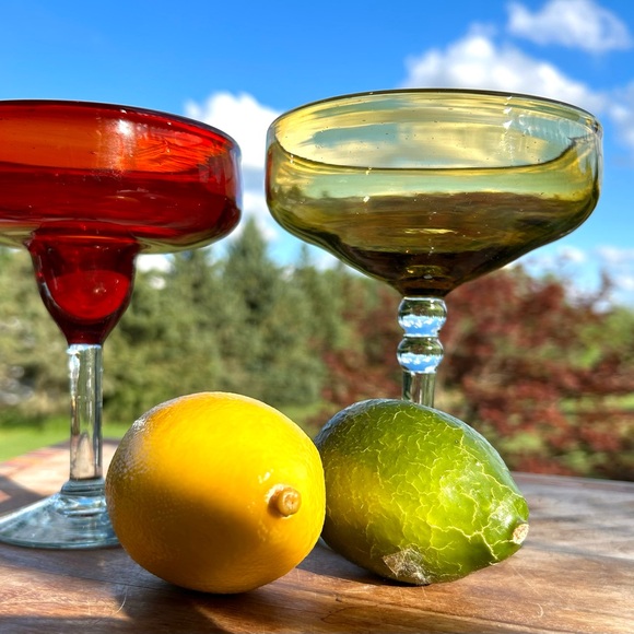 Vintage Set of 2 Hand Blown Mexican Red/yellow Margarita Glasses Barware - Picture 11 of 11